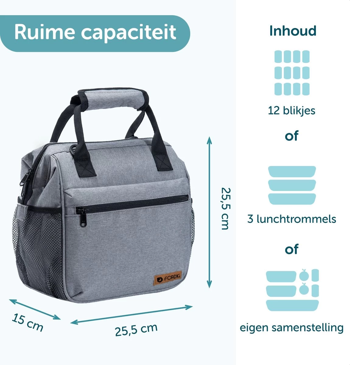 ForDig Lunchtas Grijs - Koeltas Gemaakt Van 600D Polyester Met PEVA-Voering - Ruimte Voor Lunchtrommel / Snacks / Blikjes - Koel Tas Met Mesh Opbergruimtes En Ruimte Voor Bestek - Lunch Tas Cool Bag - Coolerbag - Kleine Cooler - Afbeelding 4