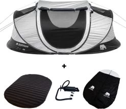 Deryan Cocoon Pop Up Tent - Slaapzak - Luchtbed - Luchtpomp - 4 Persoons - Zilver