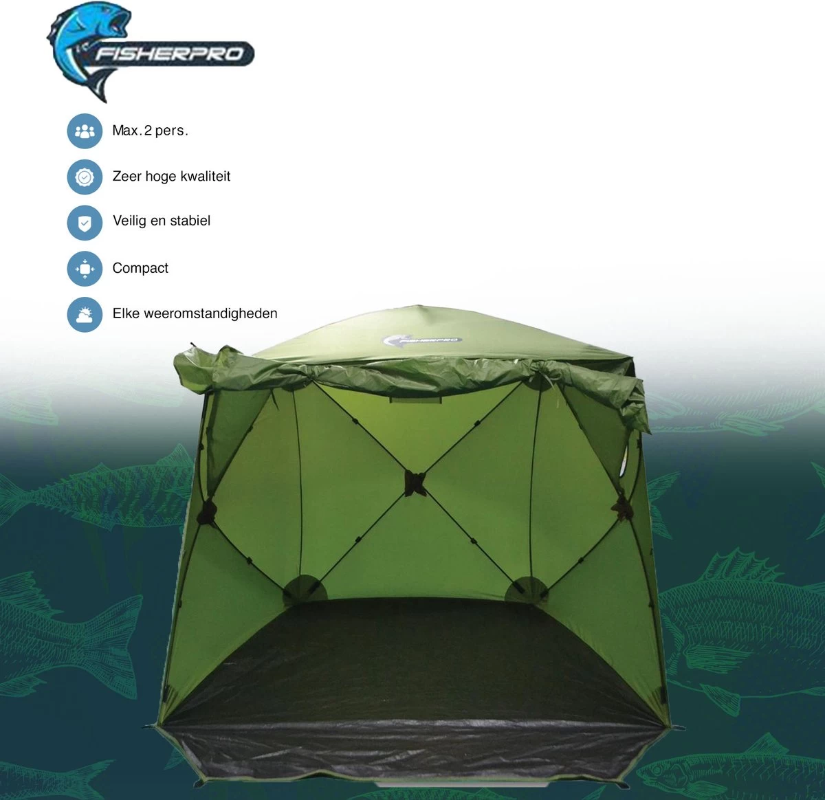 FisherPro WildLand Tent –comfortabele Vistent – Handige Strandtent – Compacte Festival Tent - Uitbreid Mogelijkheden Met Stormcover - Geschikt Voor 2 Personen - Afbeelding 3