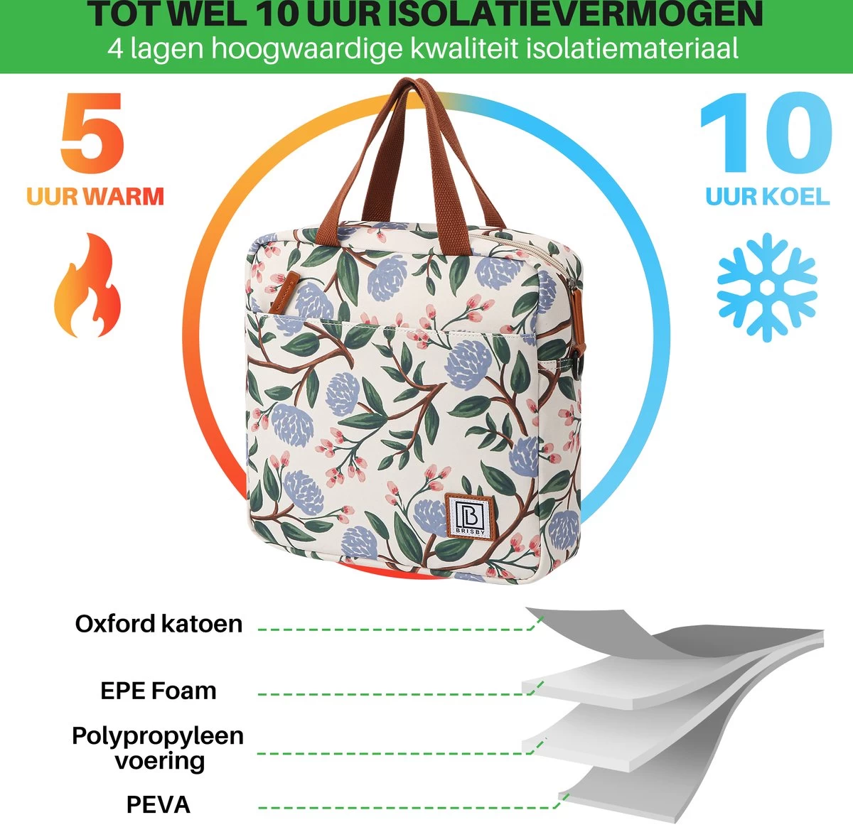 Brisby 4 Laags Geïsoleerde Koeltas - Lunchtas 7 Liter - Bloemetjes Wit - Afbeelding 7