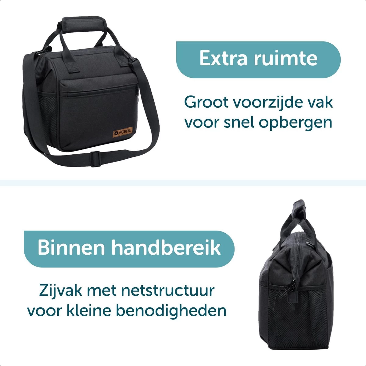 ForDig Lunchtas Zwart - Koeltas Gemaakt Van 600D Polyester Met PEVA-Voering - Ruimte Voor Lunchtrommel / Snacks / Blikjes - Koel Tas Met Mesh Opbergruimtes En Ruimte Voor Bestek - Lunch Tas Cool Bag - Coolerbag - Kleine Cooler - Afbeelding 2