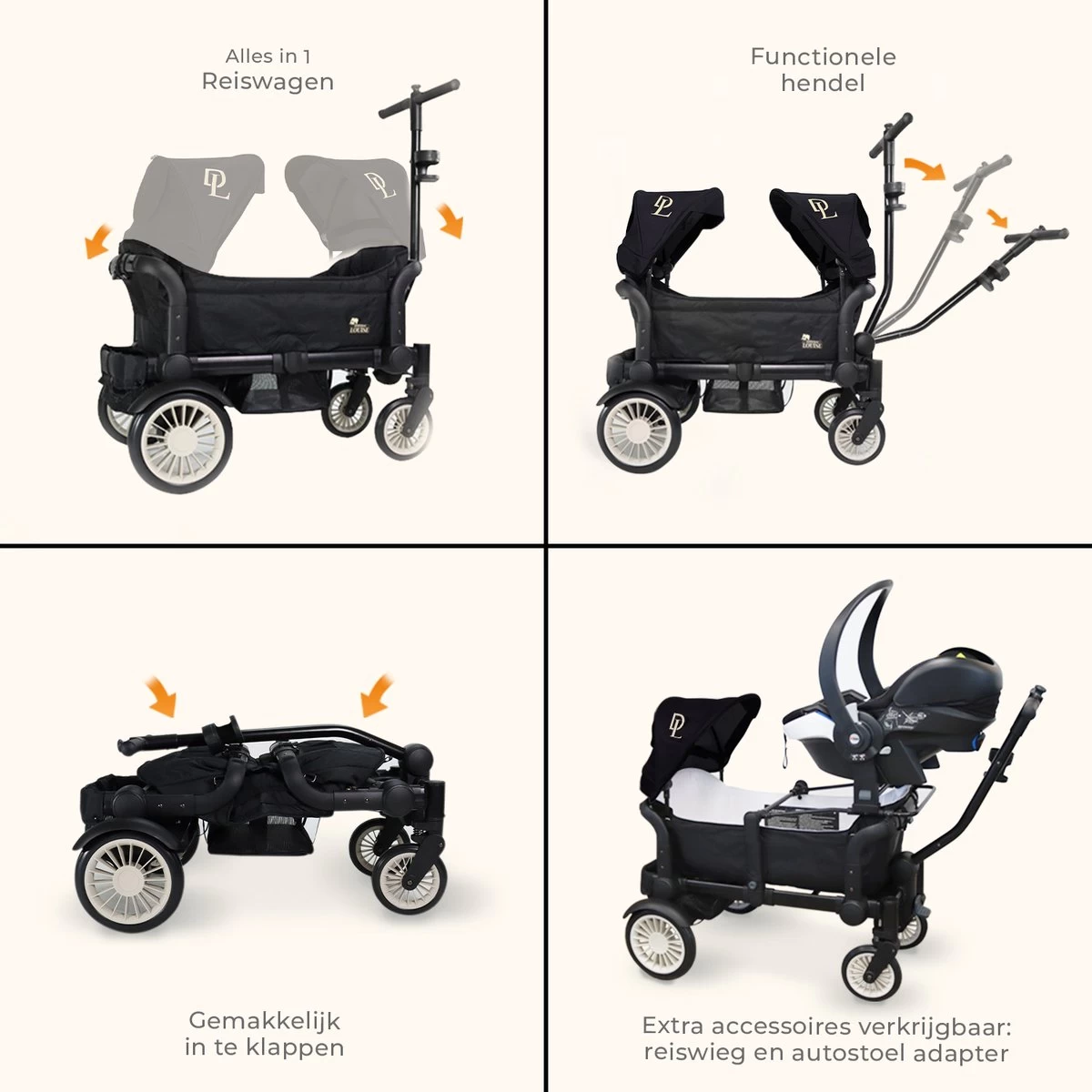 Deryan Luxe Sandy Bolderkar - Duo Buggy - Tandem Buggy - Opvouwbaar - Inklapbare Bolderwagen - Duo Kinderwagen - Zwart - Afbeelding 7