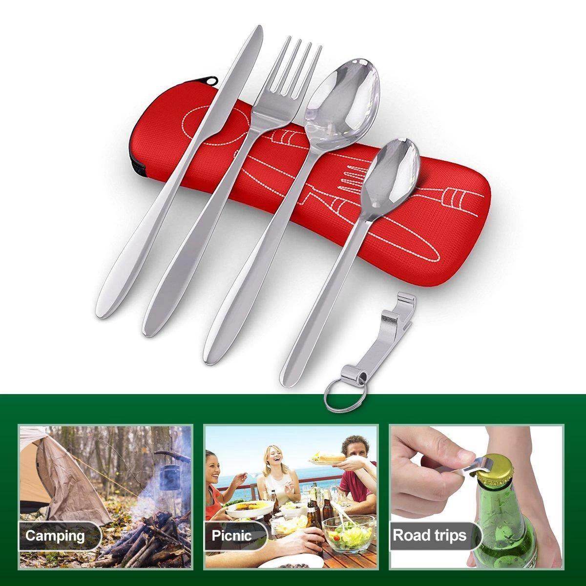 Roestvrij Staal Bestek (kampeerset) – Draagbare Reislepels, -vork En -mes Voor Festivals, Camping Of Trektochten - Wordt Geleverd Met Een Neopreen Draagtasje Met Een Lichtgewicht Flesopener - Afbeelding 3