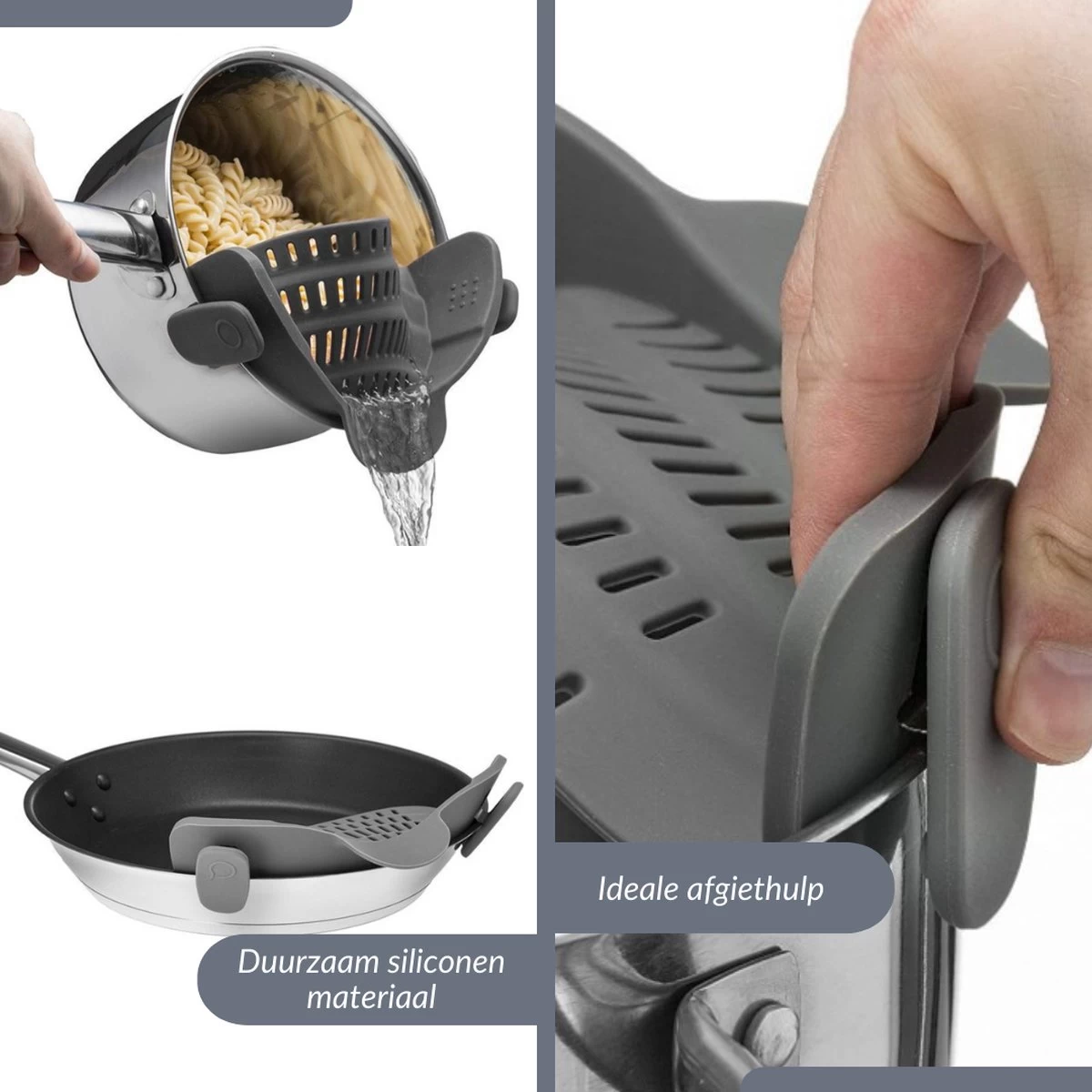 SensaHome- Siliconen Vergiet - Keuken Afgietdeksel - Afgiethulp - Siliconen - BPA Vrij - Grijs - Afbeelding 2