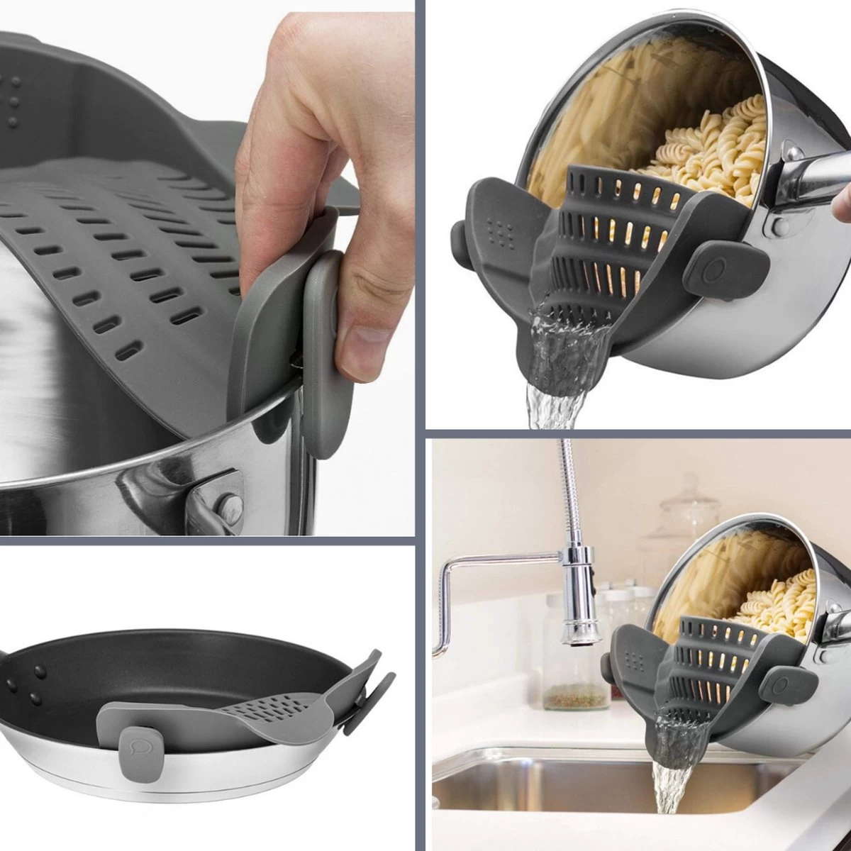 SensaHome- Siliconen Vergiet - Keuken Afgietdeksel - Afgiethulp - Siliconen - BPA Vrij - Grijs - Afbeelding 5