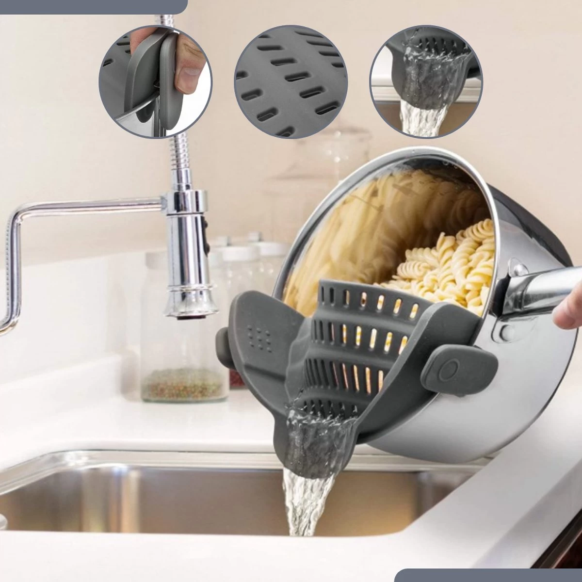 SensaHome- Siliconen Vergiet - Keuken Afgietdeksel - Afgiethulp - Siliconen - BPA Vrij - Grijs - Afbeelding 7