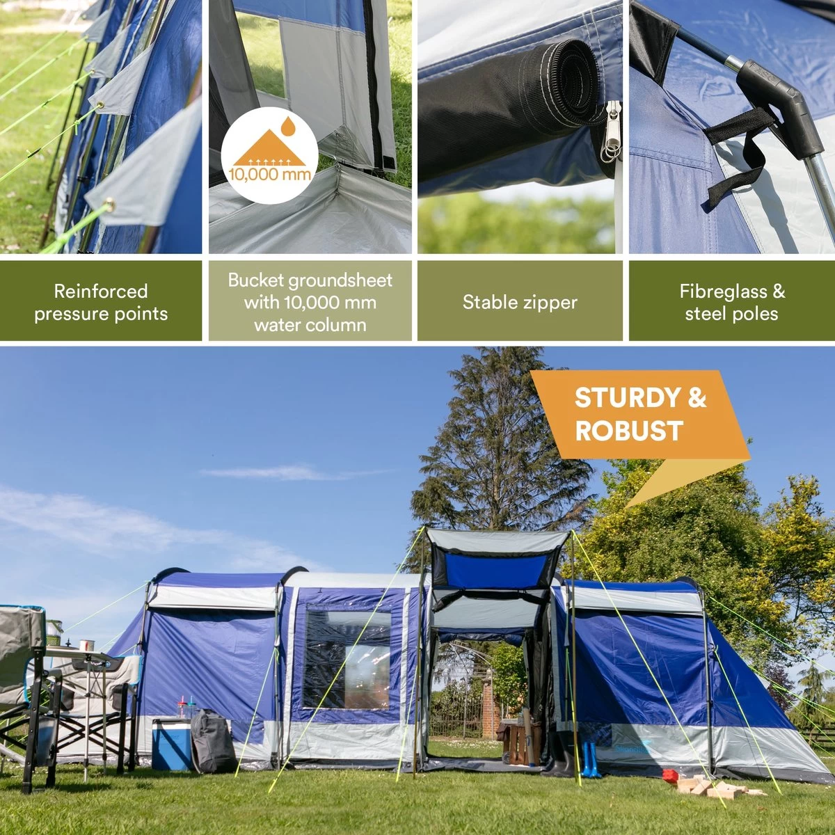 Skandika Montana 8 Tent – Tunneltenten – 8 Persoons Tent – Campingtent – 200 Cm Stahoogte – 2-4 Slaapcabines - Muggengaas – Familietent – 4 Ingangen – 700 X 310 X 200 Cm (L X B X H) - 5000 Mm Waterkolom – Outdoor, Camping – Kamperen – Blauw - Afbeelding 6