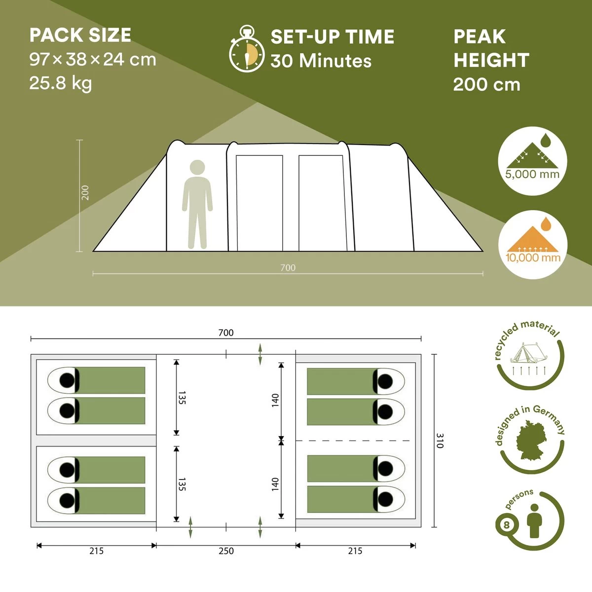 Skandika Montana 8 Tent – Tunneltenten – 8 Persoons Tent – Campingtent – 200 Cm Stahoogte – 2-4 Slaapcabines - Muggengaas – Familietent – 4 Ingangen – 700 X 310 X 200 Cm (L X B X H) - 5000 Mm Waterkolom – Outdoor, Camping – Kamperen – Blauw - Afbeelding 7