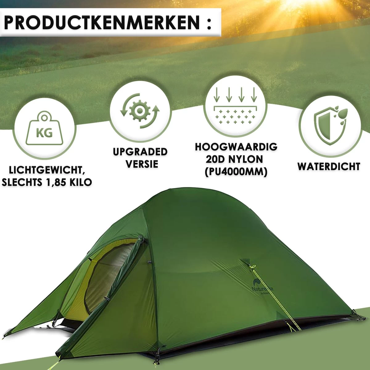 Cloud Up 3 Upgraded - Naturehike® - Tent 3 Persoons - Lichtgewicht Tent - Incl. Grondzeil - 20D 4000MM - Outdoor Kampeertent - Waterdicht - Hiking & Wandelen - Afbeelding 3