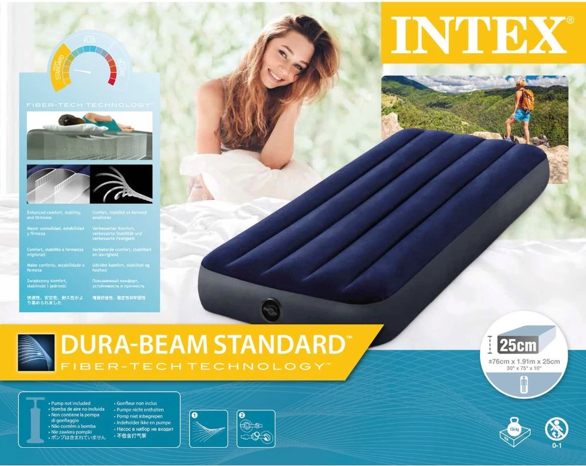 Intex Luchtbedset Intex Luchtbed - 1-Persoons - 76 X 191 X 25 Cm - Blauw + Intex Elektrische Pomp - 650 Liter/min + Hoeslaken Wit + Reparatieset - Afbeelding 7